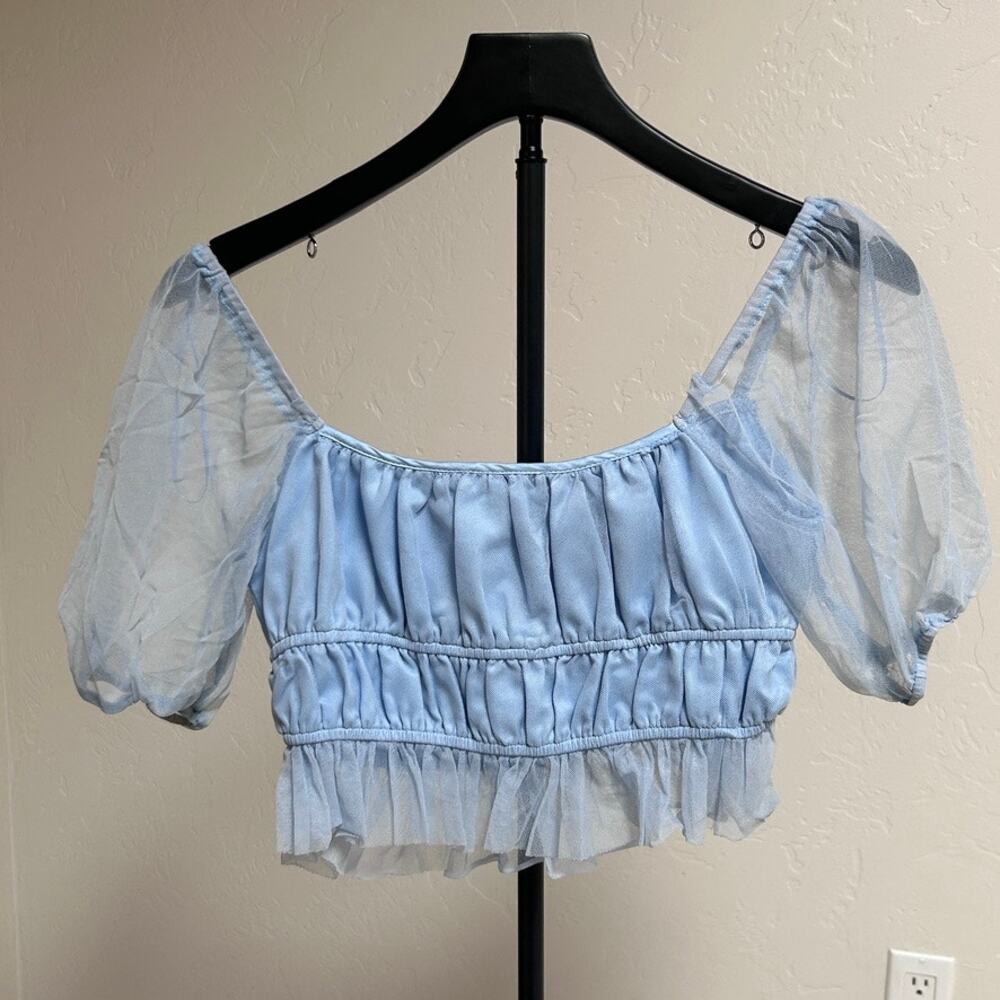 Fairy Milkmaid Mesh Babydoll Crop Top Puff Sleeve Romantic Blue Coquette S - Picture 2 of 10